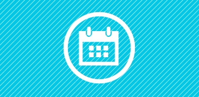 Circular white icon of a calendar on a cyan background.
