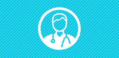 Circular white icon of clinician wearing Littmann stethoscope on cyan background.
