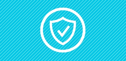 Circular white icon of a check mark on a shield, all on a cyan background.
